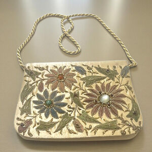 Vintage Kane M Shoulder Bag Purse Gold Beaded Floral Embroidered Stones Evening